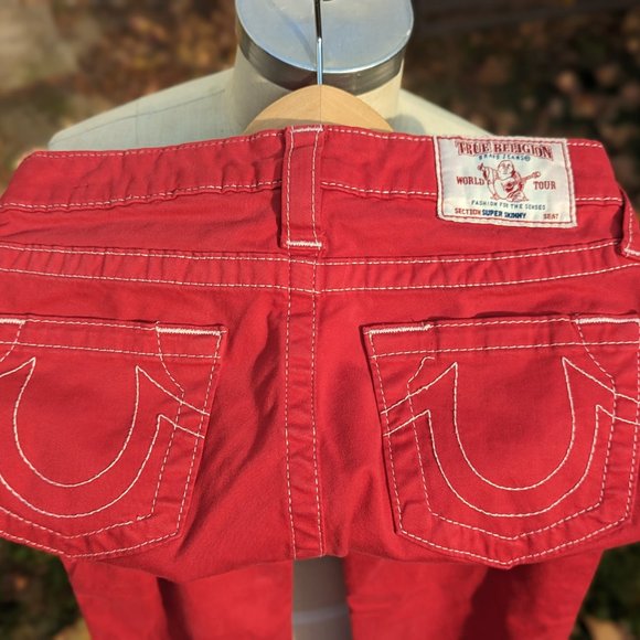 True Religion Red Skinny Jeans with White Stitching Size 25 - Picture 2 of 5